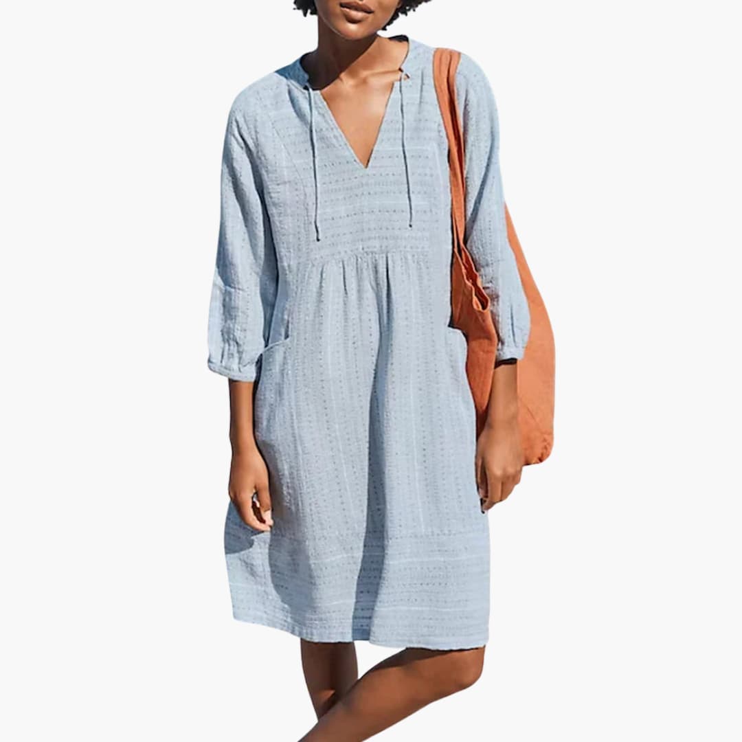 MW | Damen-Sommer-Shirt-Kleid mit Bindekragen und Seitentaschen