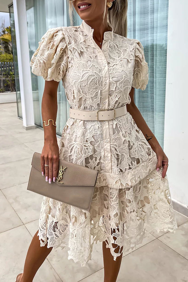 MW | Absolut Elegant Floral Crochet Lace Puff Sleeve Belted Shirt Midi Dress