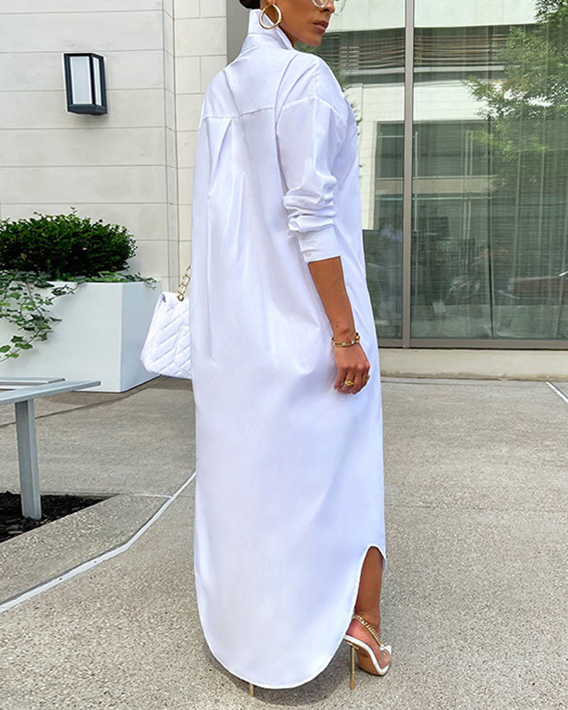 MW | Button Down Maxi Shirts Kleid Langarm Kragen V Hals Kaftan Lose Langes Kleid Mantel