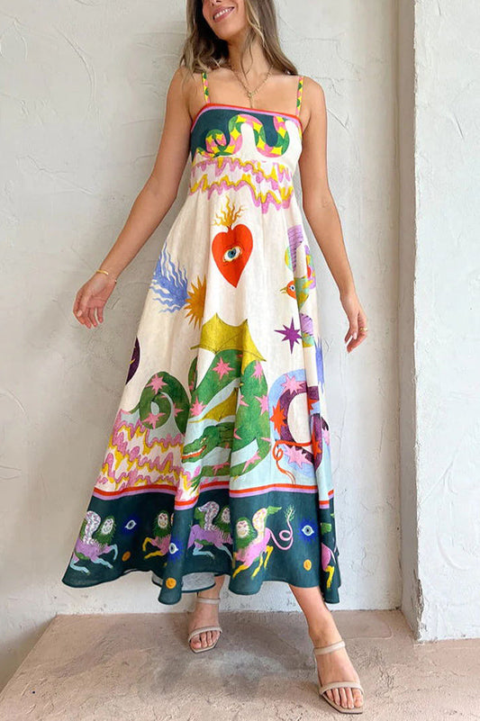 MW | Feel Effortlessly Leinenmischung Einzigartiger Druck Smocked Back Midi Kleid