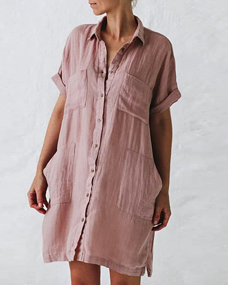 MW | Button Down Long Sleeve V Neck Plain Oversized Dresses Slim Beach Vacation Shirt Dress