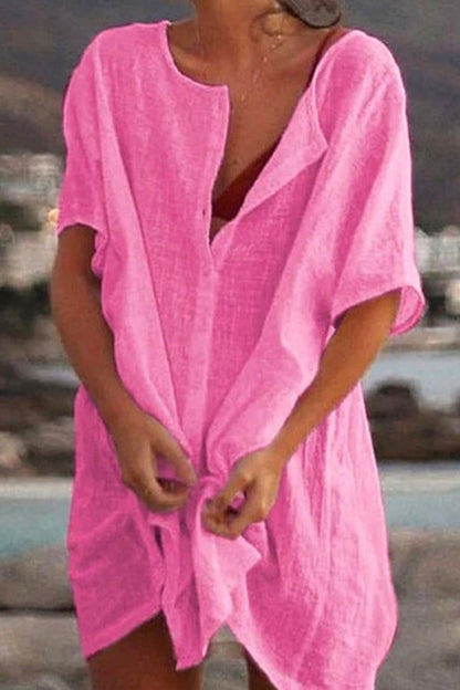MW | Lose solide Farbe kurzärmeliges Shirt Kleid Strand Sonnenschutz Kleidung