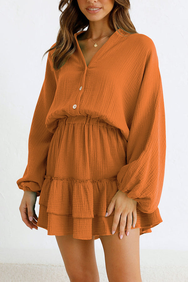 MW | Knopf Langarm Lose Shirt Kleid Elastische Taille Rüschenrock