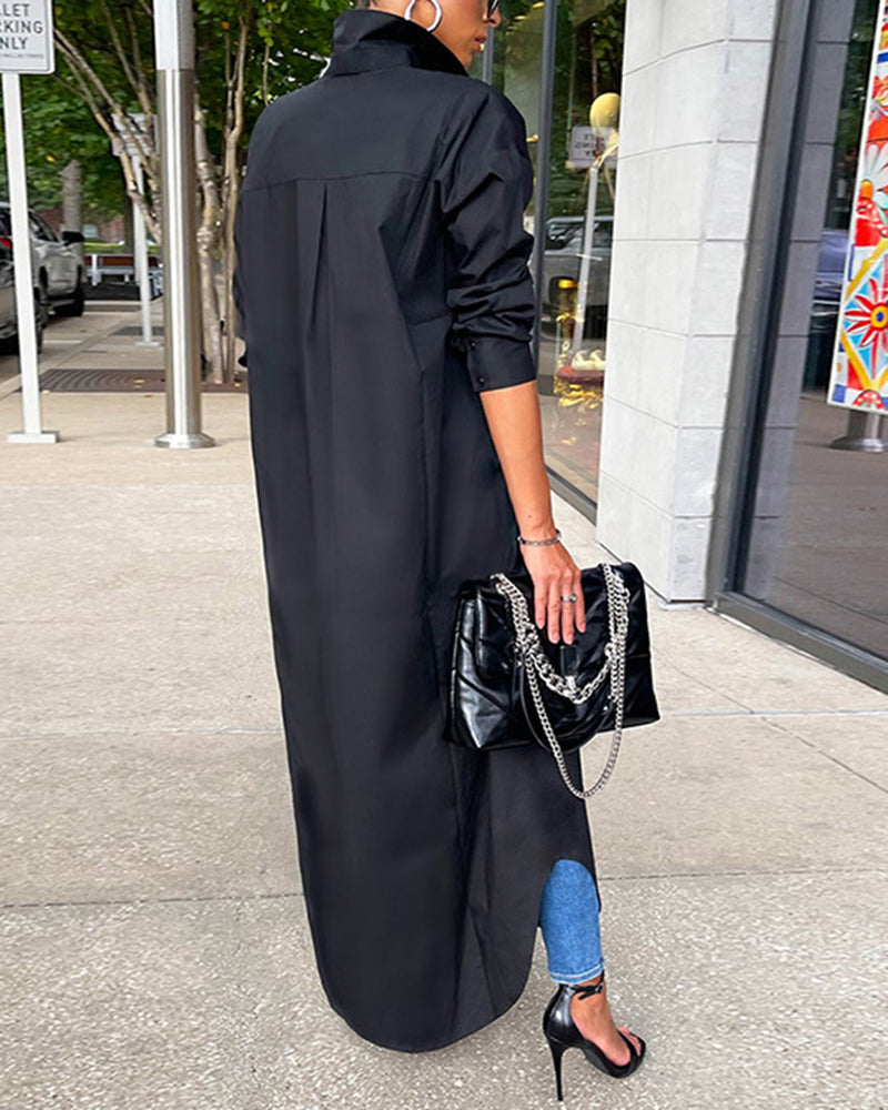 MW | Button Down Maxi Shirts Kleid Langarm Kragen V Hals Kaftan Lose Langes Kleid Mantel