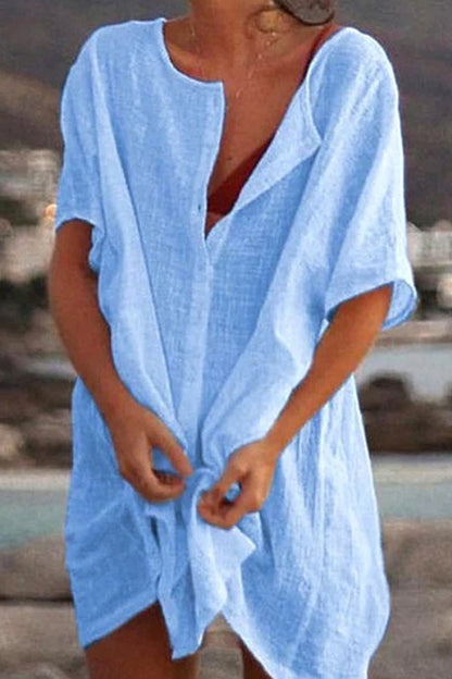 MW | Lose solide Farbe kurzärmeliges Shirt Kleid Strand Sonnenschutz Kleidung