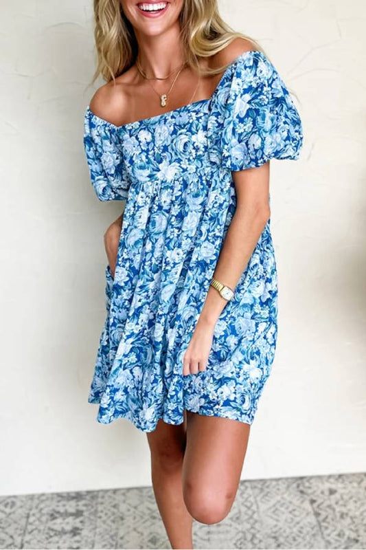 MW | Blaues geblümtes Babydoll-Minikleid mit Puffärmeln