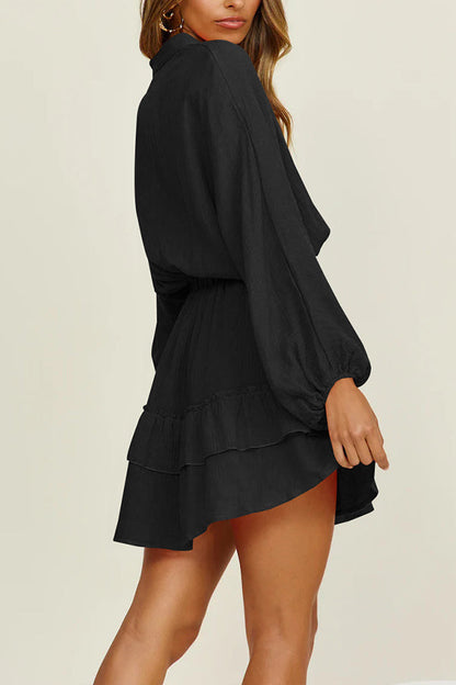 MW | Knopf Langarm Lose Shirt Kleid Elastische Taille Rüschenrock