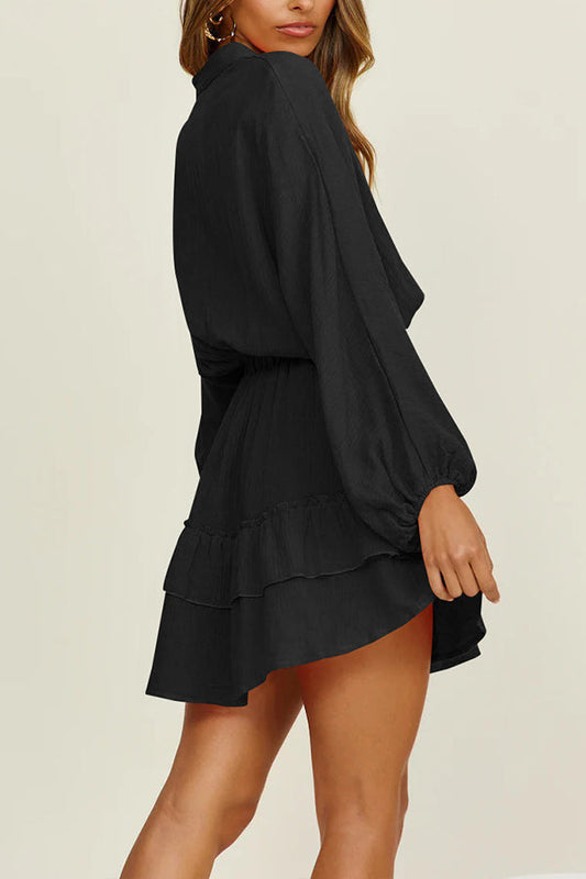 MW | Knopf Langarm Lose Shirt Kleid Elastische Taille Rüschenrock