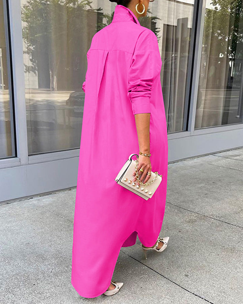 MW | Button Down Maxi Shirts Kleid Langarm Kragen V Hals Kaftan Lose Langes Kleid Mantel