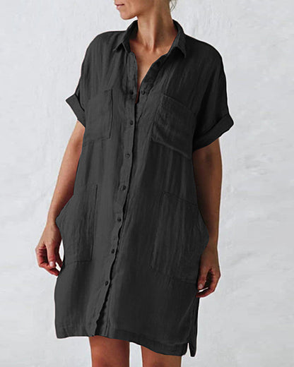 MW | Button Down Long Sleeve V Neck Plain Oversized Dresses Slim Beach Vacation Shirt Dress