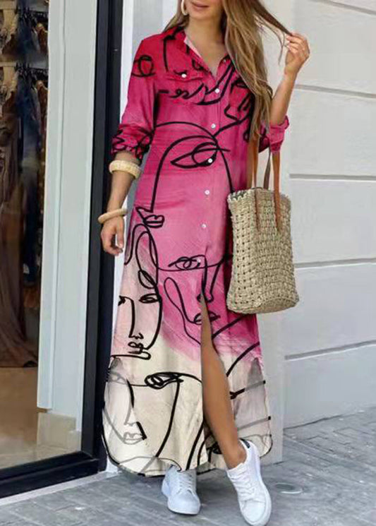 MW | Rose Peter Pan Kragen Print Party Maxi Shirts Kleid Langarm GH1080