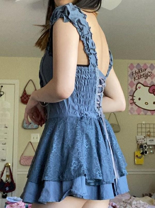 MW | Patchwork-Spitzen-Minikleid mit gestreiften Trägern