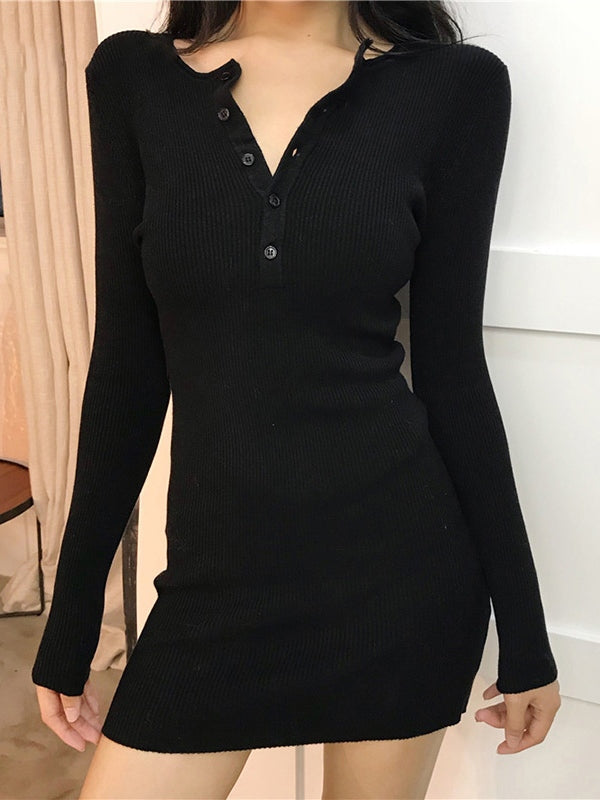 MW | Knopfleiste Rippenstrick Langarm-Minikleid