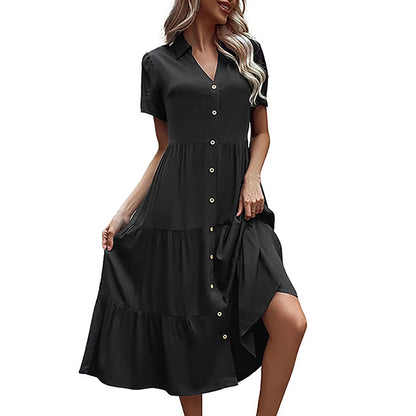 MW | Casual Holiday Midi V Neck Single Breasted Shirt Solid Kurzarm Sommer 2024 Frauenkleid
