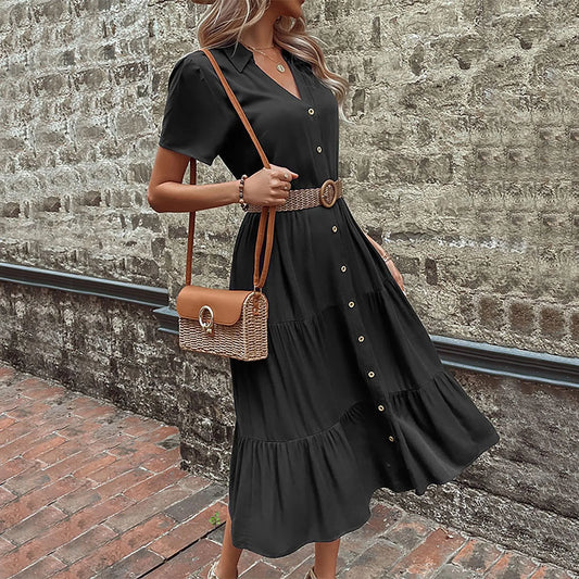MW | Casual Holiday Midi V Neck Single Breasted Shirt Solid Kurzarm Sommer 2024 Frauenkleid