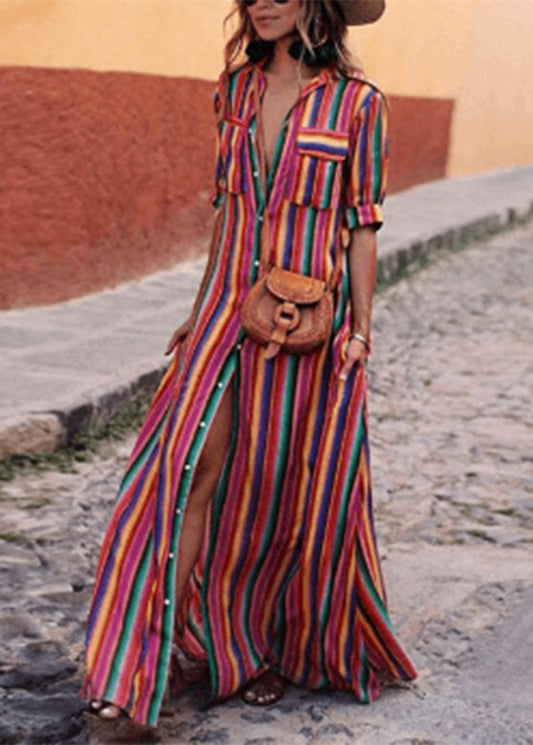 MW | Regenbogen gestreift Taste Tie Taille Maxi Shirts Kleider Sommer AH528