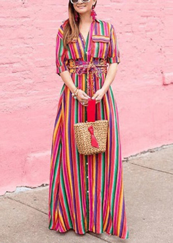 MW | Regenbogen gestreift Taste Tie Taille Maxi Shirts Kleider Sommer AH528