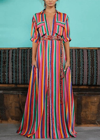 MW | Regenbogen gestreift Taste Tie Taille Maxi Shirts Kleider Sommer AH528