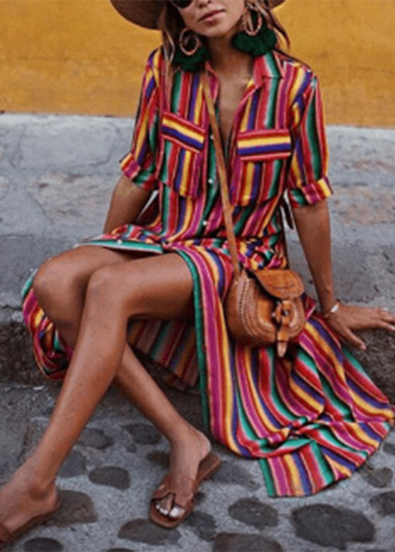 MW | Regenbogen gestreift Taste Tie Taille Maxi Shirts Kleider Sommer AH528
