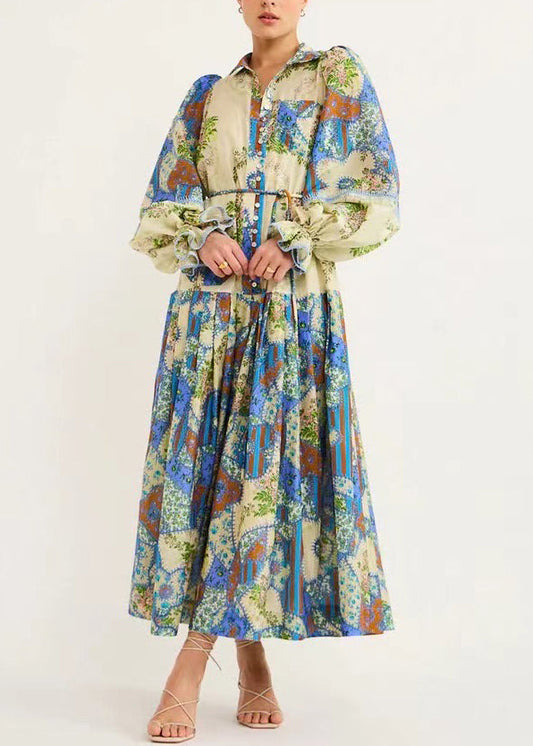 MW | Blue Print Tie Waist Silk Cotton Shirts Kleider Flare Sleeve FF074