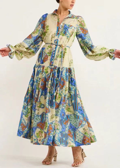 MW | Blue Print Tie Waist Silk Cotton Shirts Kleider Flare Sleeve FF074