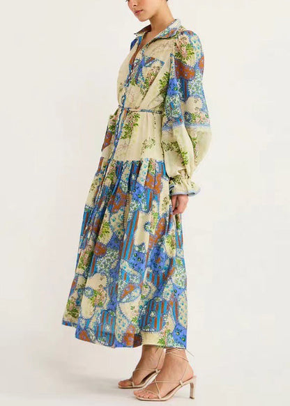 MW | Blue Print Tie Waist Silk Cotton Shirts Kleider Flare Sleeve FF074