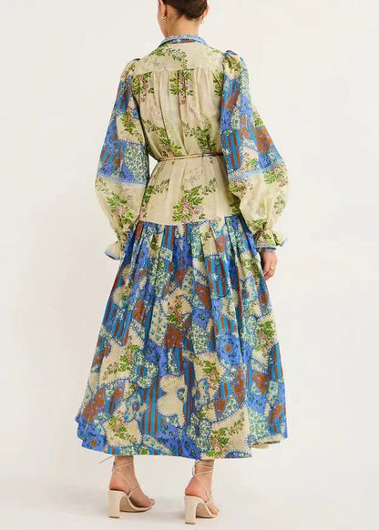 MW | Blue Print Tie Waist Silk Cotton Shirts Kleider Flare Sleeve FF074