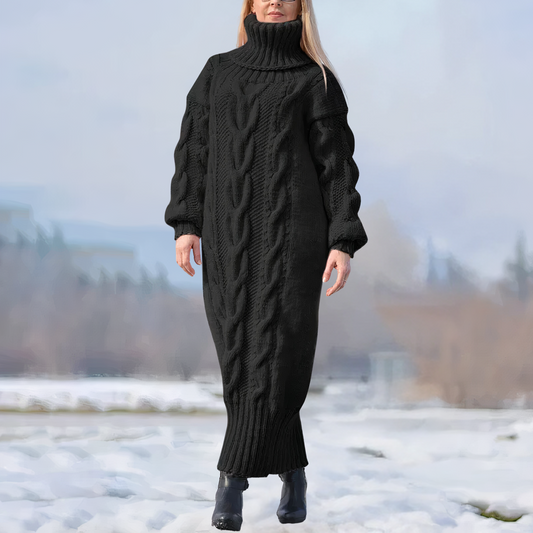 MW | langes Maxikleid mit hohem Kragen und Zopfstruktur