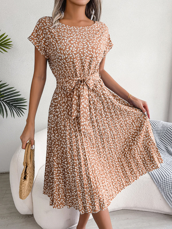 EM | A-Linie Blumenmuster Rundhalsausschnitt Midi-Kleid mit Taillengürtel
