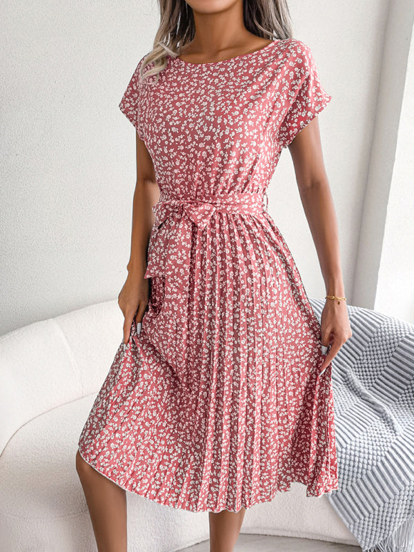 EM | A-Linie Blumenmuster Rundhalsausschnitt Midi-Kleid mit Taillengürtel