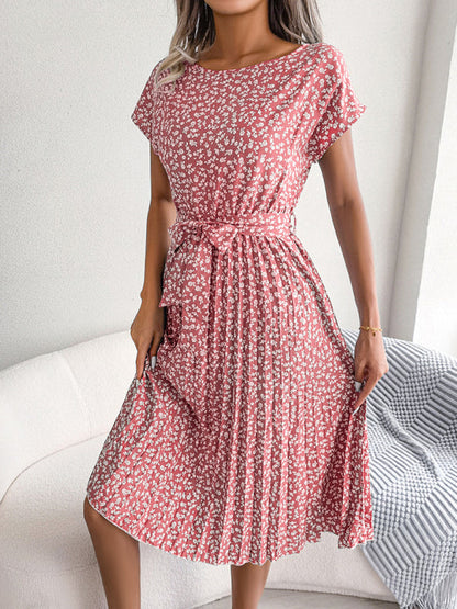EM | A-Linie Blumenmuster Rundhalsausschnitt Midi-Kleid mit Taillengürtel