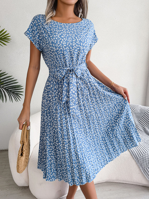 EM | A-Linie Blumenmuster Rundhalsausschnitt Midi-Kleid mit Taillengürtel