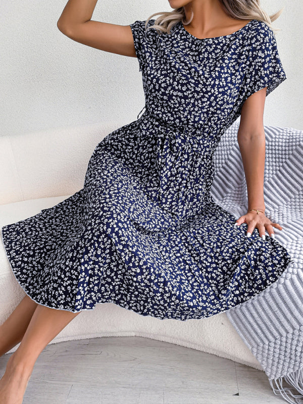 EM | A-Linie Blumenmuster Rundhalsausschnitt Midi-Kleid mit Taillengürtel
