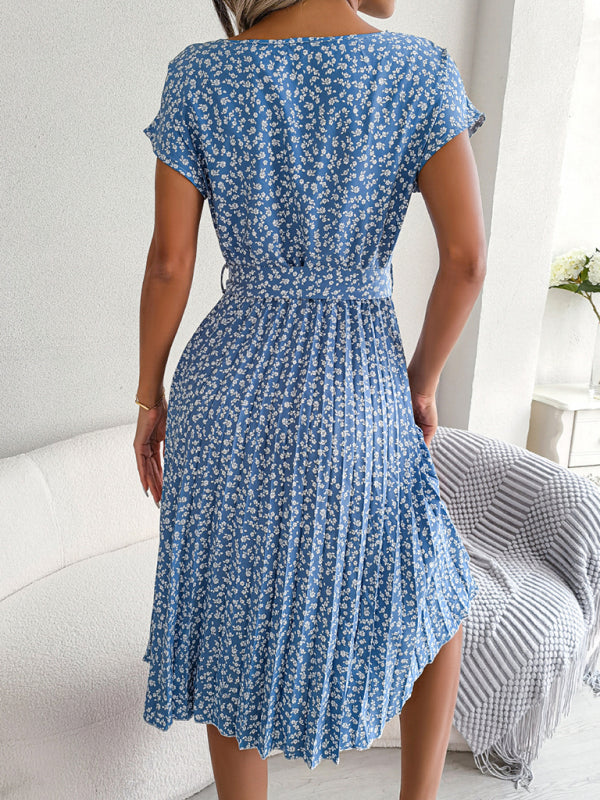 EM | A-Linie Blumenmuster Rundhalsausschnitt Midi-Kleid mit Taillengürtel