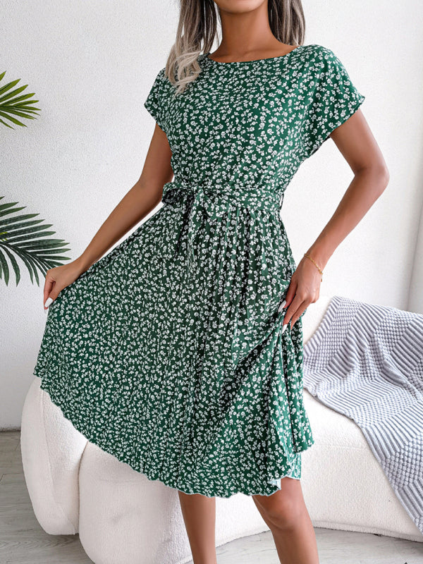EM | A-Linie Blumenmuster Rundhalsausschnitt Midi-Kleid mit Taillengürtel