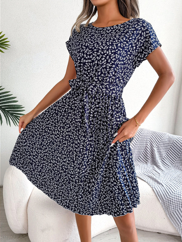 EM | A-Linie Blumenmuster Rundhalsausschnitt Midi-Kleid mit Taillengürtel
