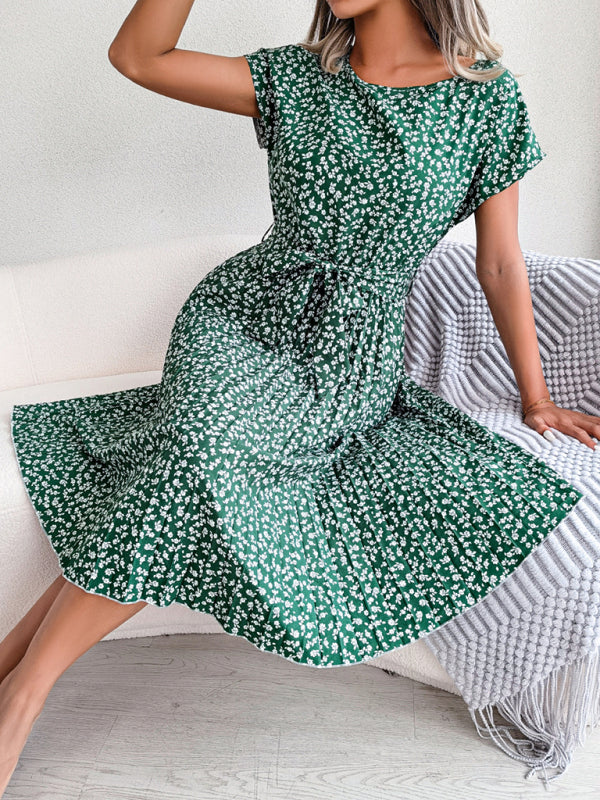 EM | A-Linie Blumenmuster Rundhalsausschnitt Midi-Kleid mit Taillengürtel