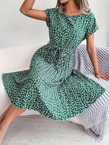 EM | A-Linie Blumenmuster Rundhalsausschnitt Midi-Kleid mit Taillengürtel
