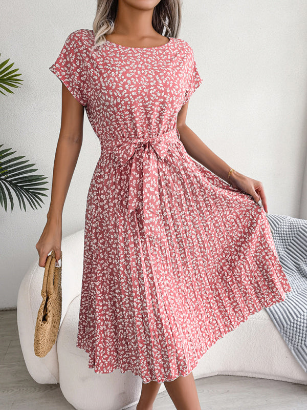 EM | A-Linie Blumenmuster Rundhalsausschnitt Midi-Kleid mit Taillengürtel