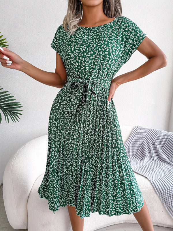 EM | A-Linie Blumenmuster Rundhalsausschnitt Midi-Kleid mit Taillengürtel