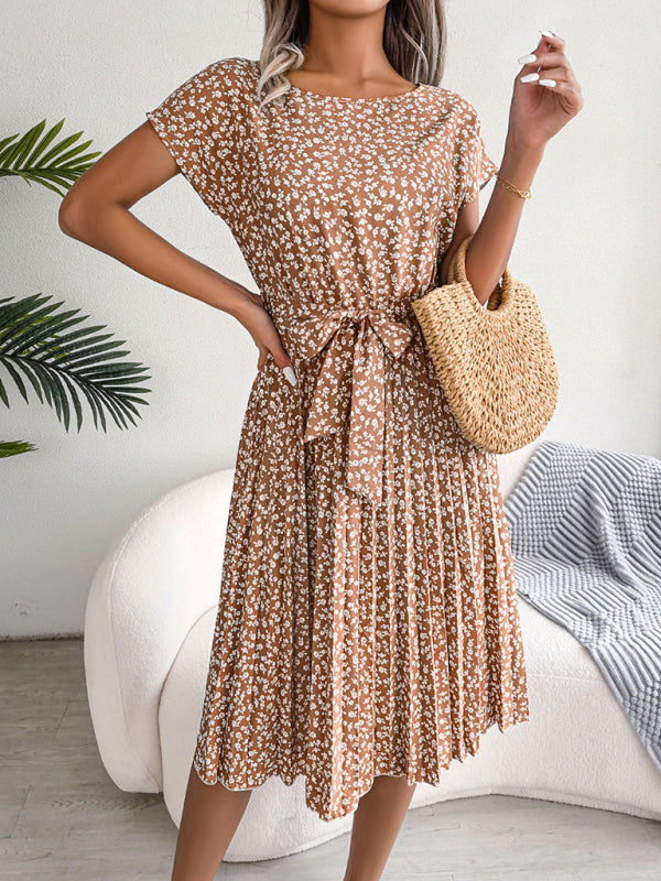EM | A-Linie Blumenmuster Rundhalsausschnitt Midi-Kleid mit Taillengürtel