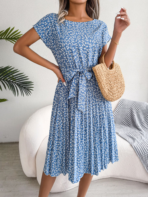 EM | A-Linie Blumenmuster Rundhalsausschnitt Midi-Kleid mit Taillengürtel
