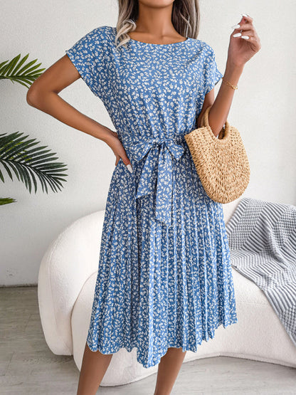 EM | A-Linie Blumenmuster Rundhalsausschnitt Midi-Kleid mit Taillengürtel
