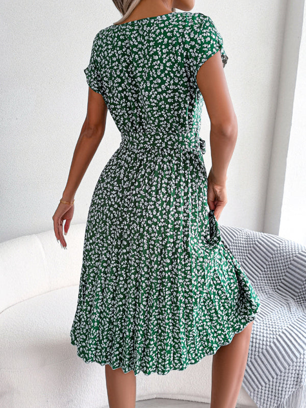 EM | A-Linie Blumenmuster Rundhalsausschnitt Midi-Kleid mit Taillengürtel