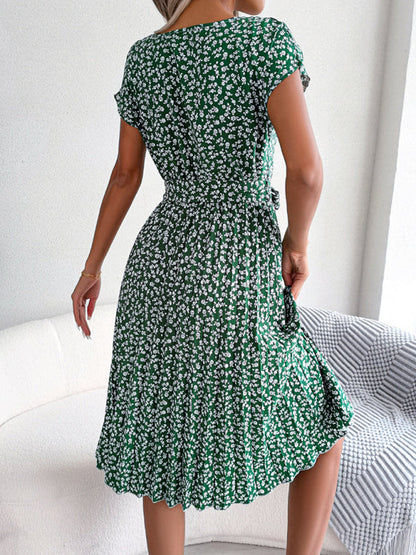 EM | A-Linie Blumenmuster Rundhalsausschnitt Midi-Kleid mit Taillengürtel