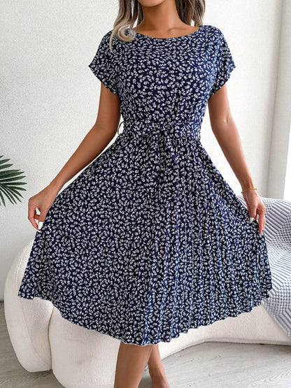 EM | A-Linie Blumenmuster Rundhalsausschnitt Midi-Kleid mit Taillengürtel