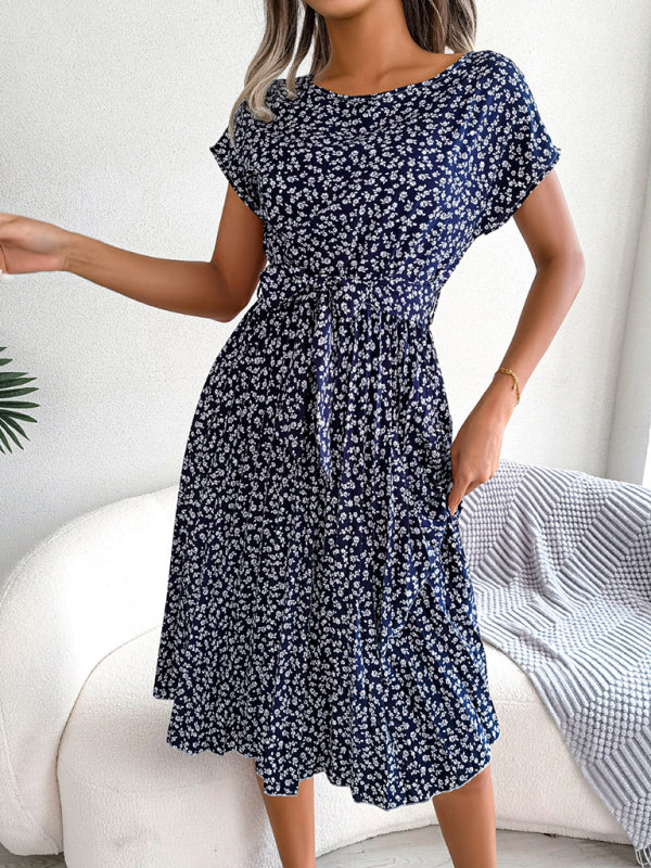 EM | A-Linie Blumenmuster Rundhalsausschnitt Midi-Kleid mit Taillengürtel