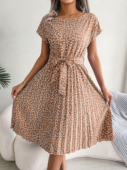 EM | A-Linie Blumenmuster Rundhalsausschnitt Midi-Kleid mit Taillengürtel
