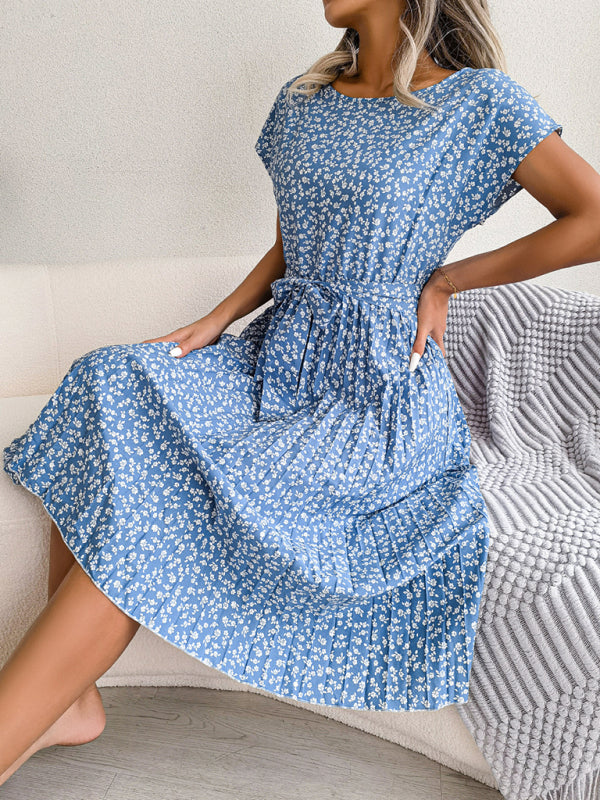 EM | A-Linie Blumenmuster Rundhalsausschnitt Midi-Kleid mit Taillengürtel