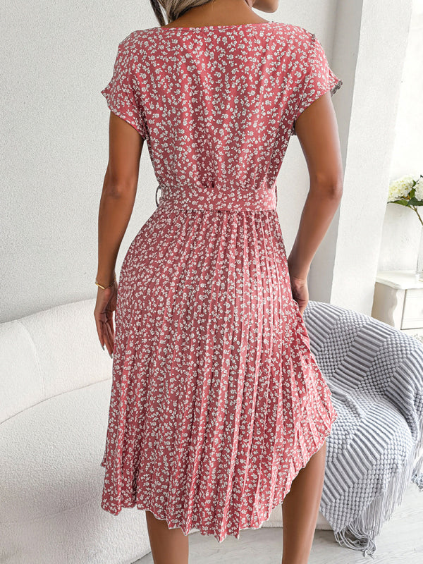 EM | A-Linie Blumenmuster Rundhalsausschnitt Midi-Kleid mit Taillengürtel
